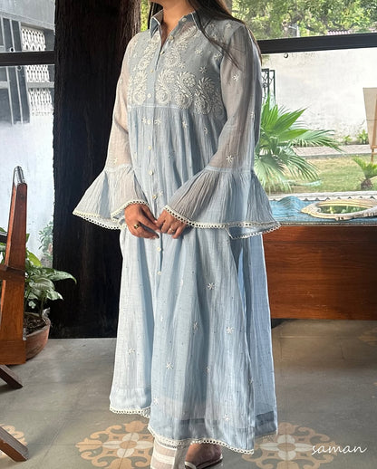 Powder Blue Mal chikankari Dress With Bell Sleeves