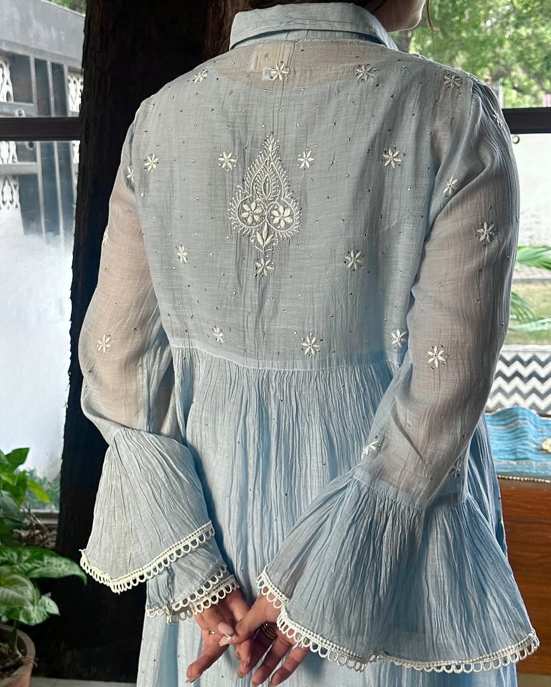 Powder Blue Mal chikankari Dress With Bell Sleeves