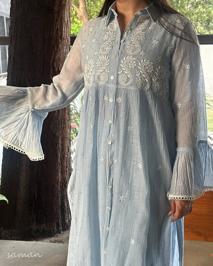 Powder Blue Mal chikankari Dress With Bell Sleeves