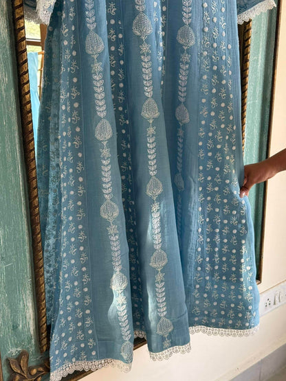 Powder Blue Malmal Pearl Work Chikankari A Line Kurta With Dupatta