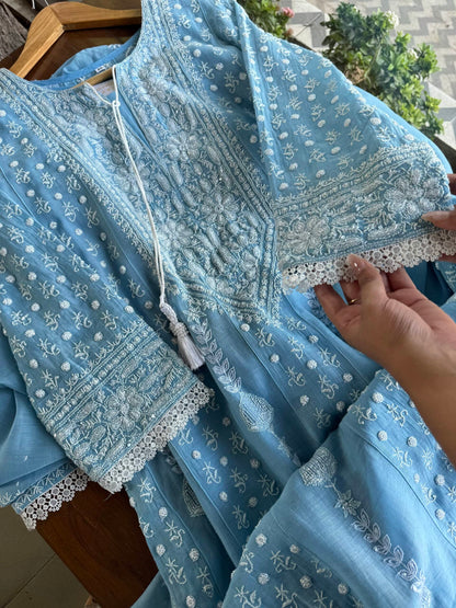 Powder Blue Malmal Pearl Work Chikankari A Line Kurta With Dupatta