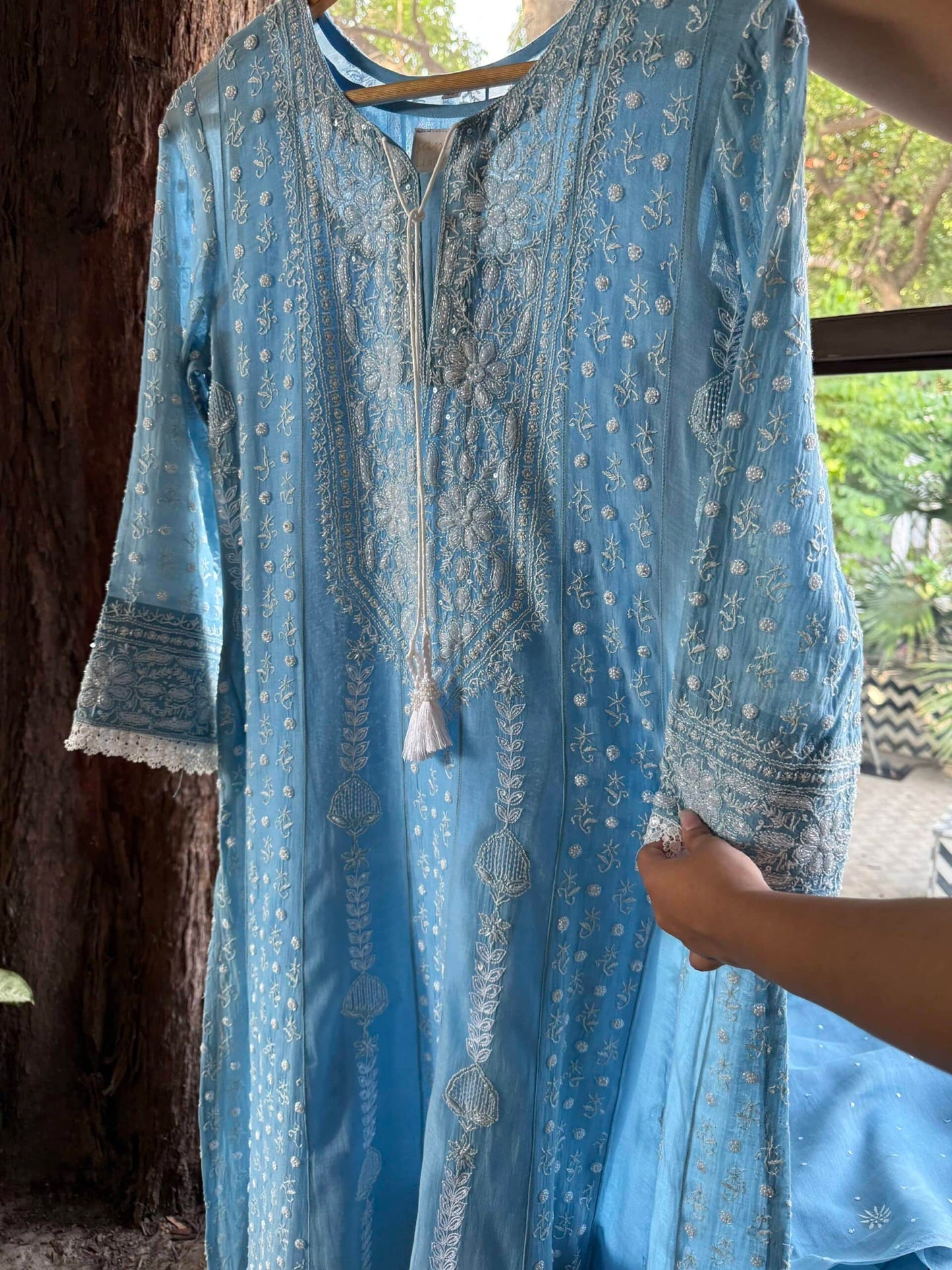Powder Blue Malmal Pearl Work Chikankari A Line Kurta With Dupatta