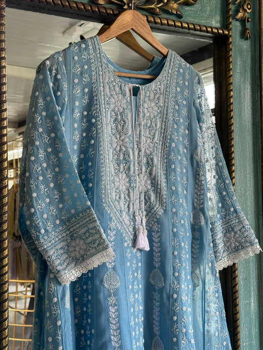 Powder Blue Malmal Pearl Work Chikankari A Line Kurta With Dupatta