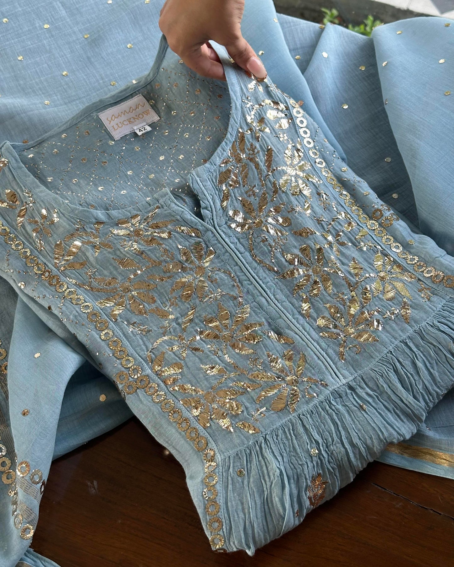 Powder Blue Mukaish Mul Chanderi Silk Dress