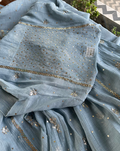 Powder Blue Mukaish Mul Chanderi Silk Dress