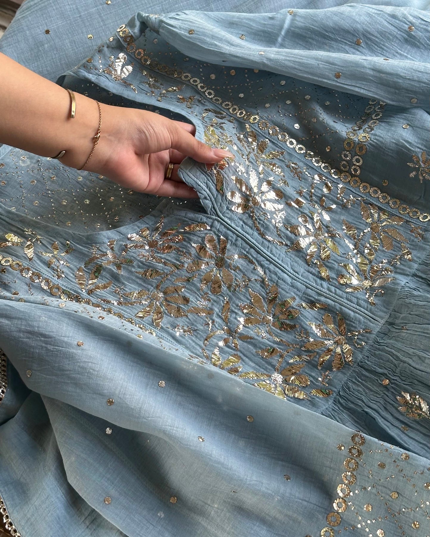 Powder Blue Mukaish Mul Chanderi Silk Dress