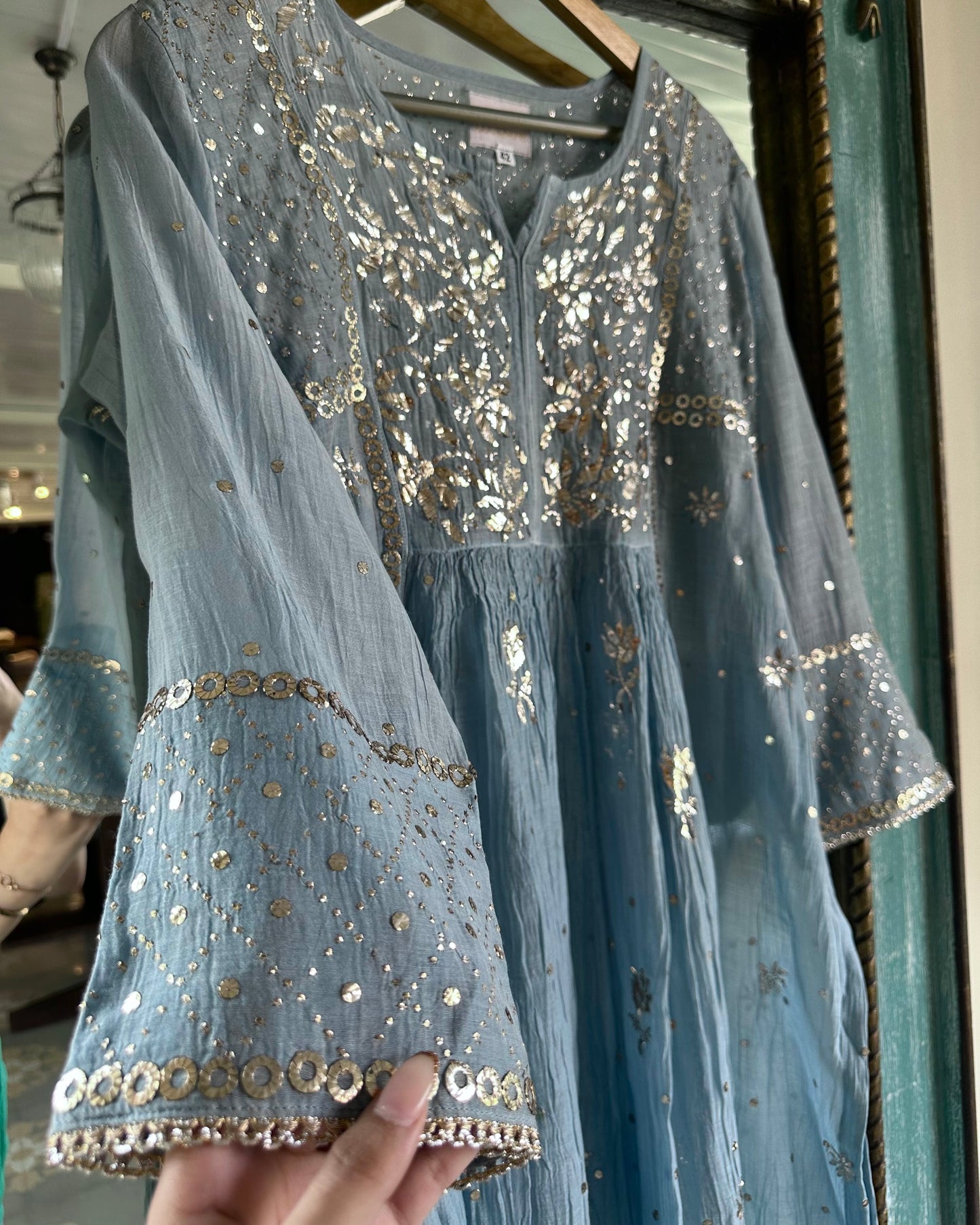 Powder Blue Mukaish Mul Chanderi Silk Dress