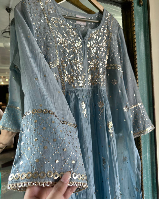 Powder Blue Mukaish Mul Chanderi Silk Dress