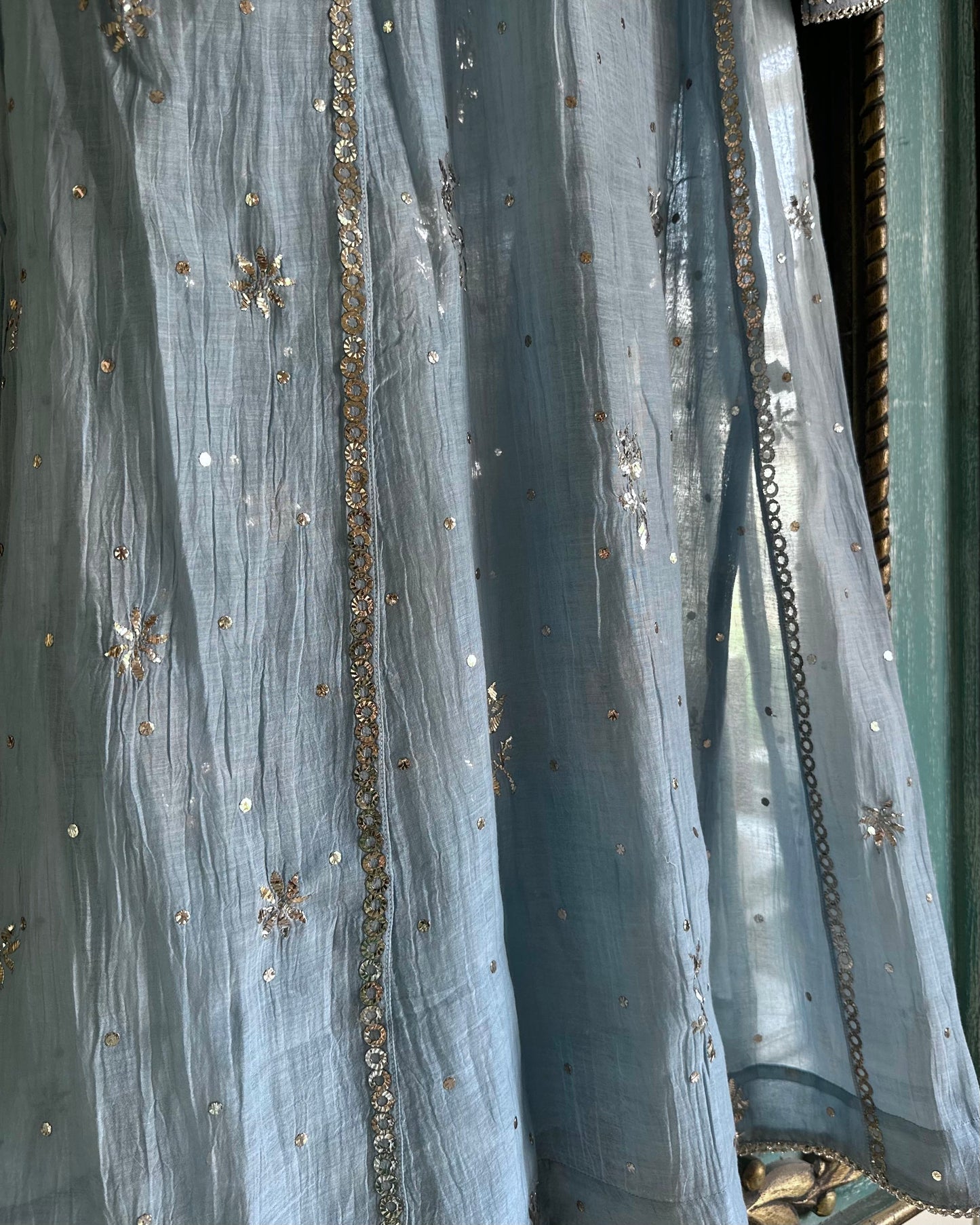 Powder Blue Mukaish Mul Chanderi Silk Dress