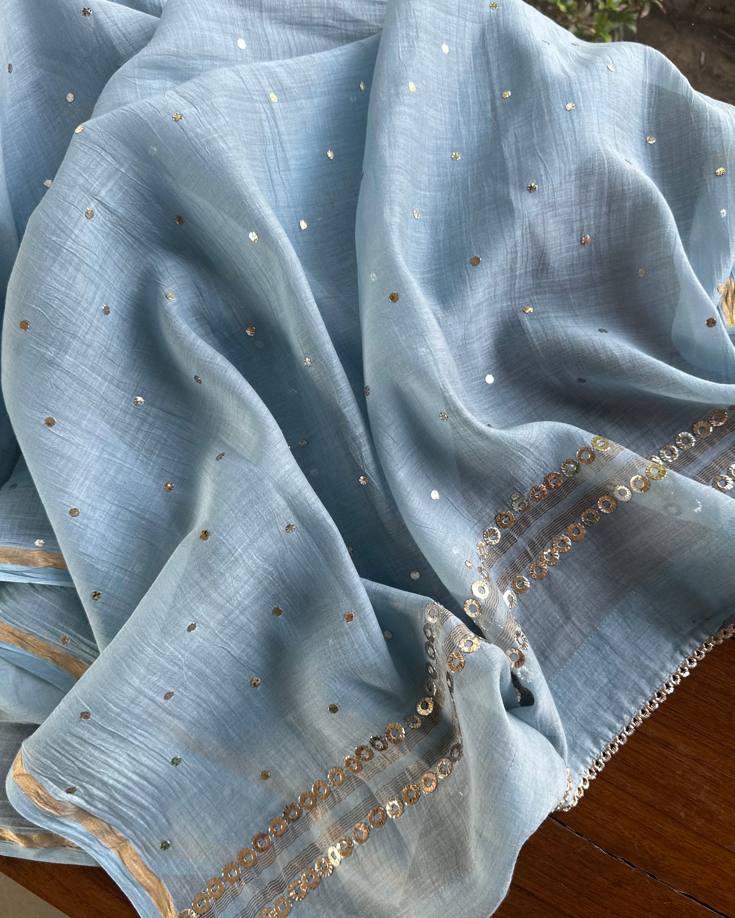 Powder Blue Mukaish Mul Chanderi Silk Dress