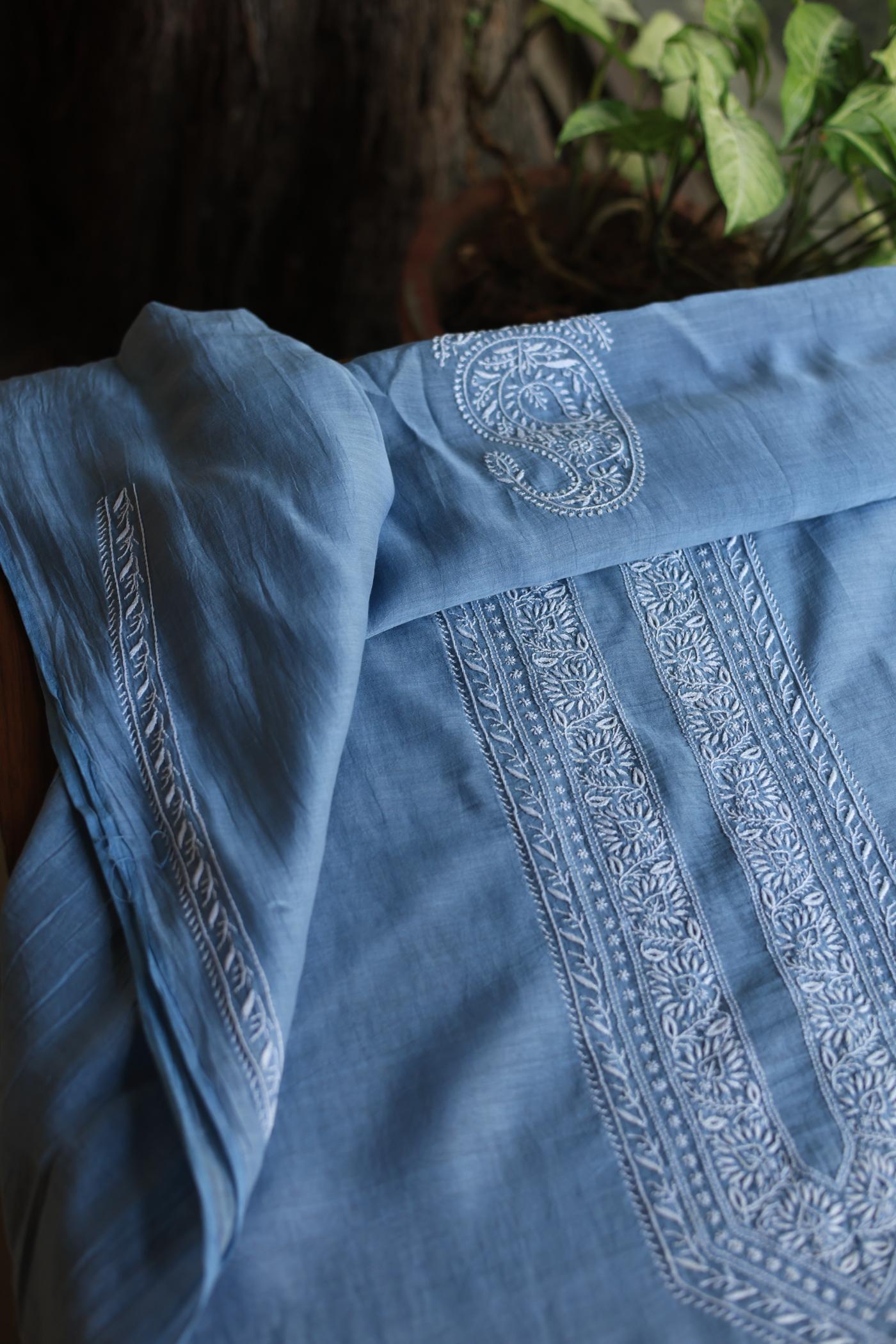 Powder Blue Mulmul Chikankari Unstitched Men's Kurtas Fabric