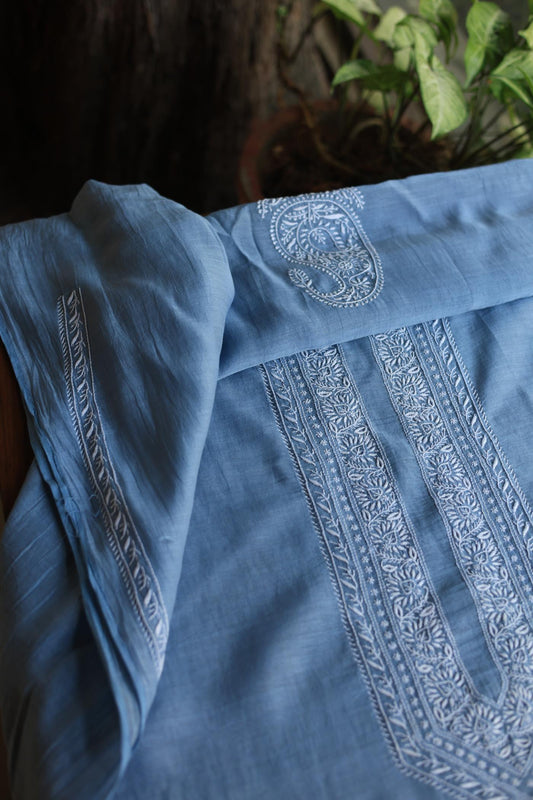 Powder Blue Mulmul Chikankari Unstitched Men's Kurtas Fabric