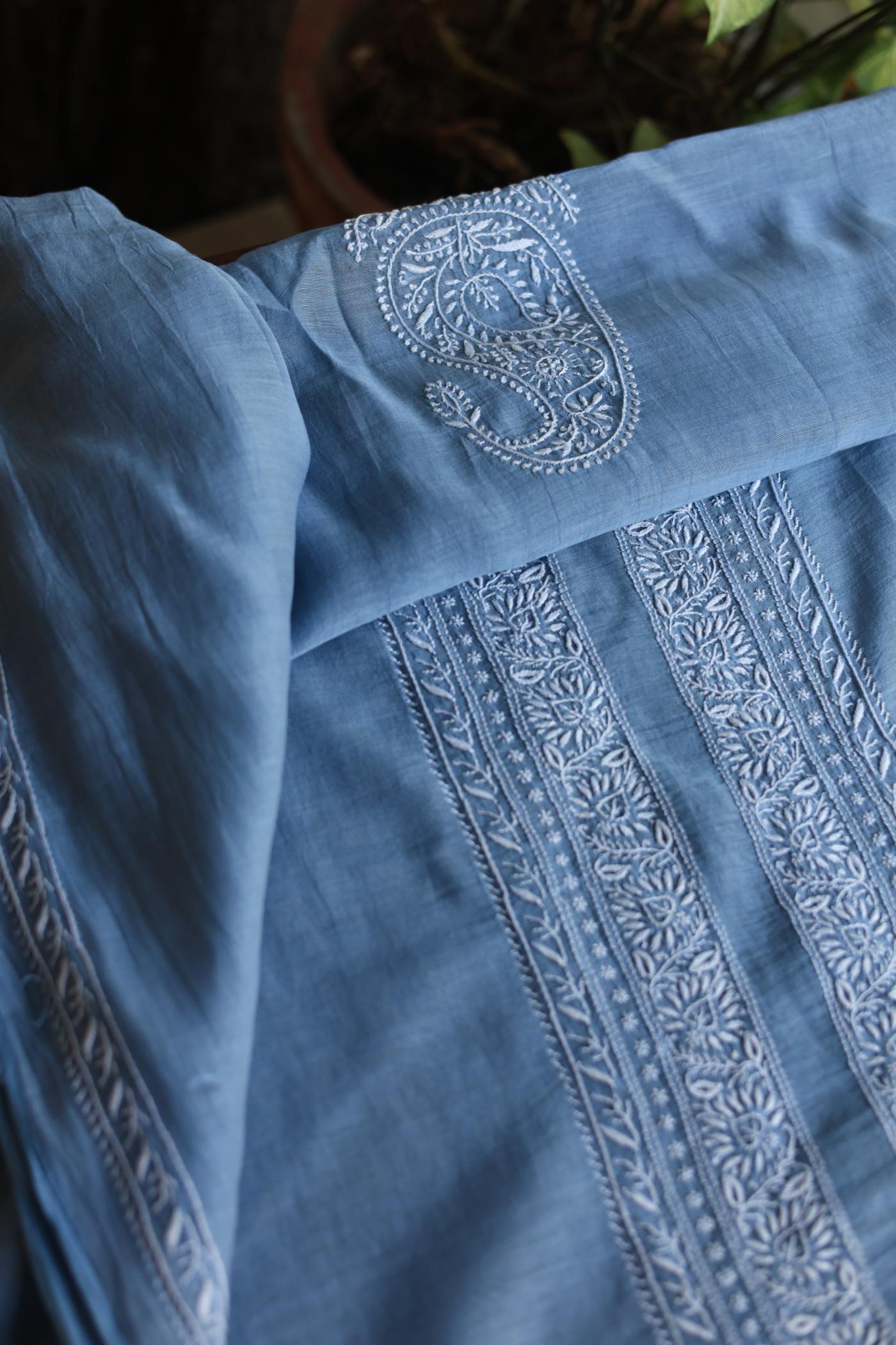 Powder Blue Mulmul Chikankari Unstitched Men's Kurtas Fabric