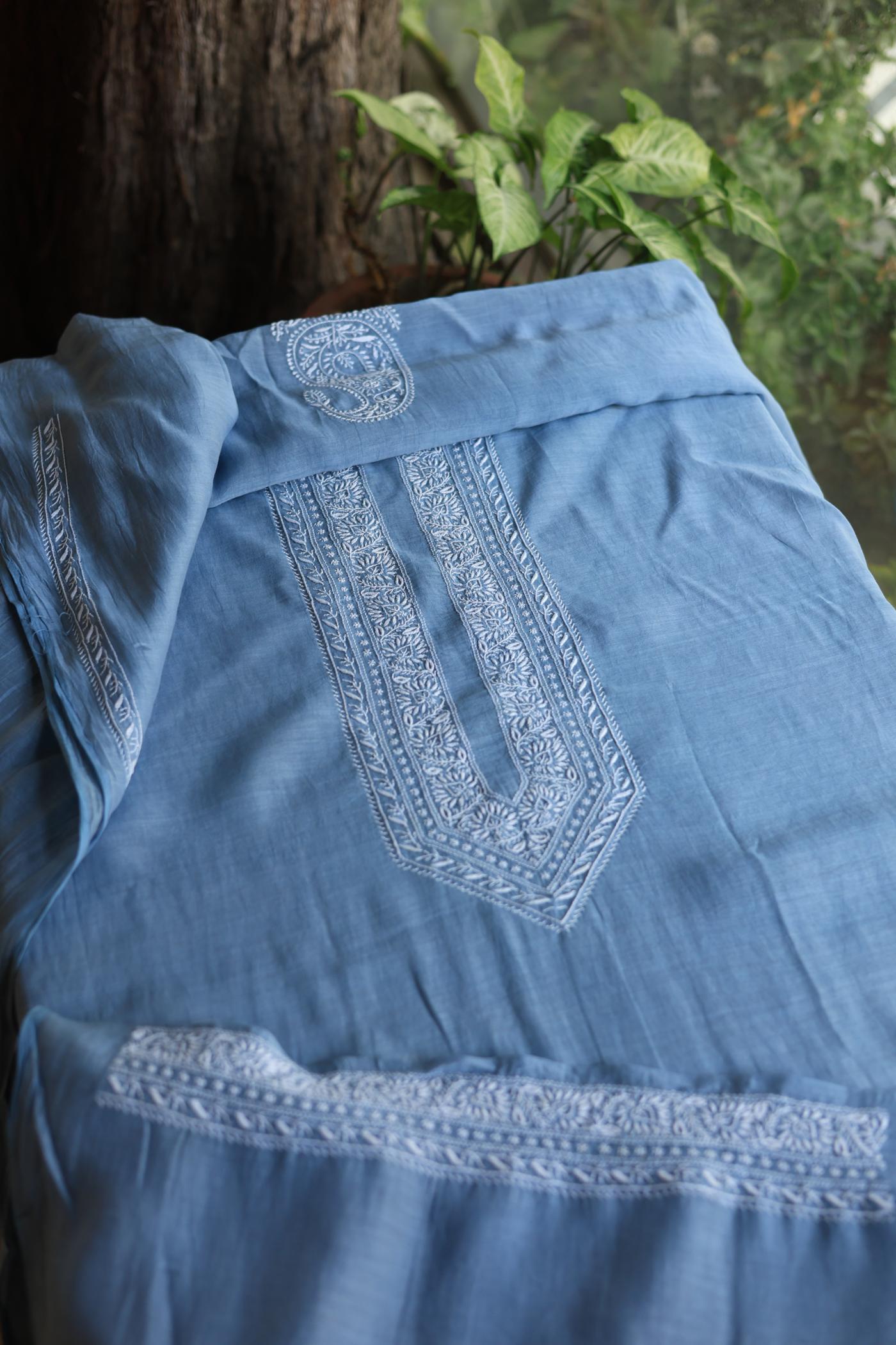 Powder Blue Mulmul Chikankari Unstitched Men's Kurtas Fabric
