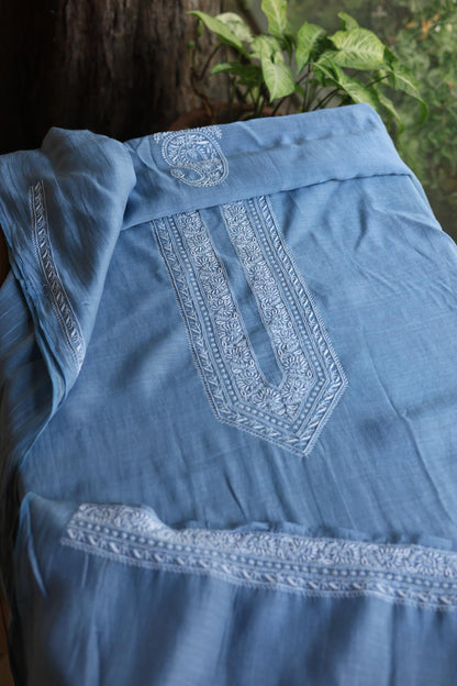 Powder Blue Mulmul Chikankari Unstitched Men's Kurtas Fabric