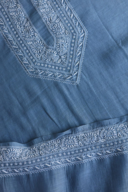 Powder Blue Mulmul Chikankari Unstitched Men's Kurtas Fabric