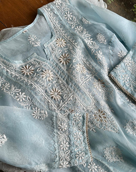 Powder Blue Noor Organza Applique Chikankari Mukaish Kurta Dupatta Set