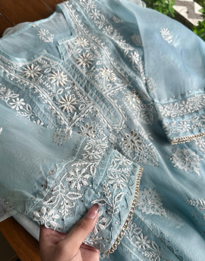 Powder Blue Noor Organza Applique Chikankari Mukaish Kurta Dupatta Set