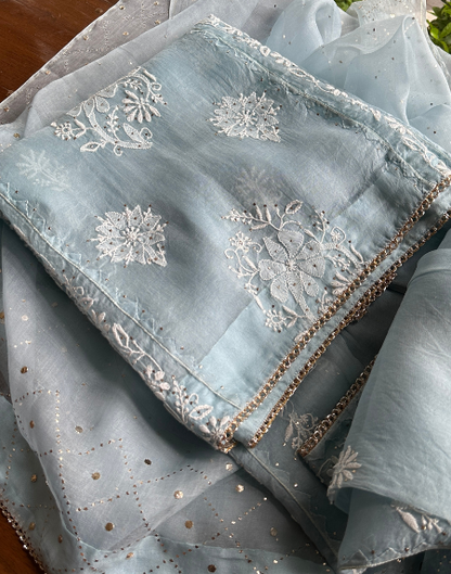Powder Blue Noor Organza Applique Chikankari Mukaish Kurta Dupatta Set