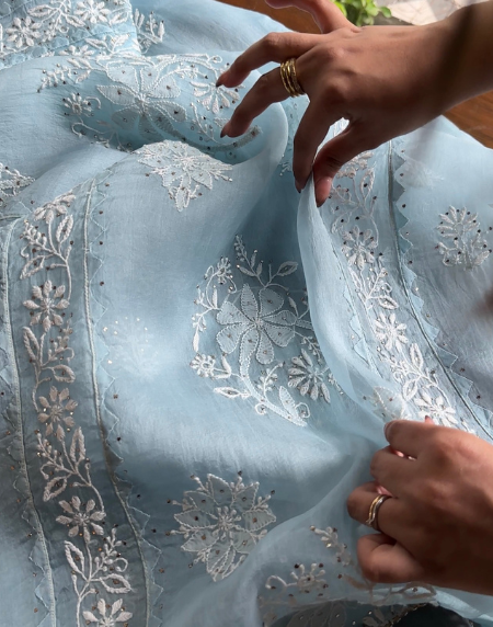Powder Blue Noor Organza Applique Chikankari Mukaish Kurta Dupatta Set