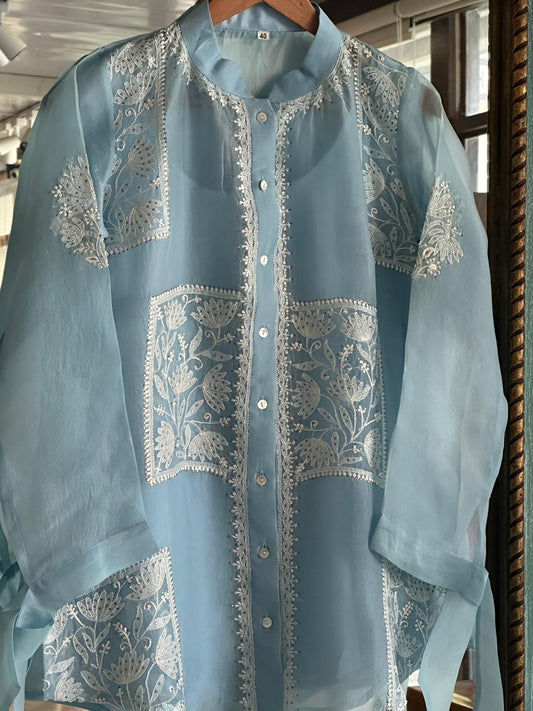 Powder Blue Noor Organza Chikankari Collar Ready To Wear Short Top