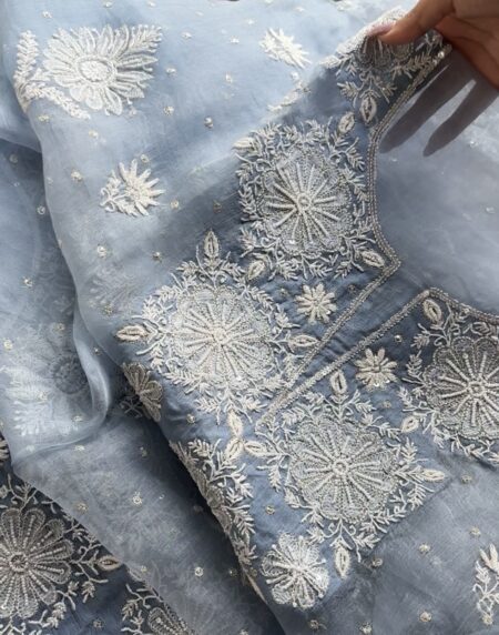 Powder Blue Noor Organza Silk Chikankari Unstitched Kurta Dupatta Set