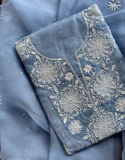 Powder Blue Noor Organza Silk Chikankari Unstitched Kurta Dupatta Set