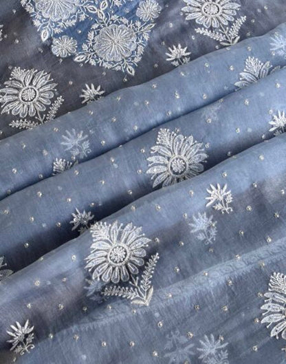 Powder Blue Noor Organza Silk Chikankari Unstitched Kurta Dupatta Set