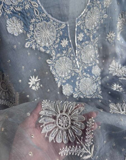 Powder Blue Noor Organza Silk Chikankari Unstitched Kurta Dupatta Set