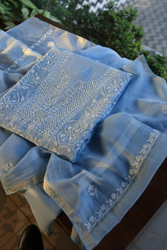 Powder Blue Shade Mal Chanderi Silk Chikankari Unstitched Fabric