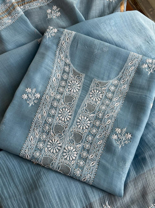 Powder Blue Shade Mal Cotton Fine Chikankari Unstitched Fabric
