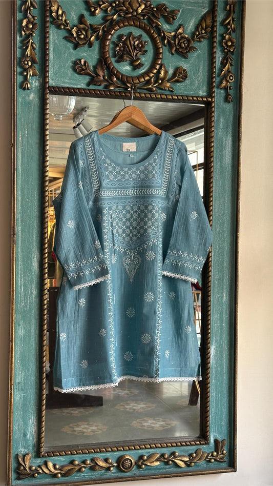 Powder Blue Shade Malmal Chikankari Kamdani Short Kurti