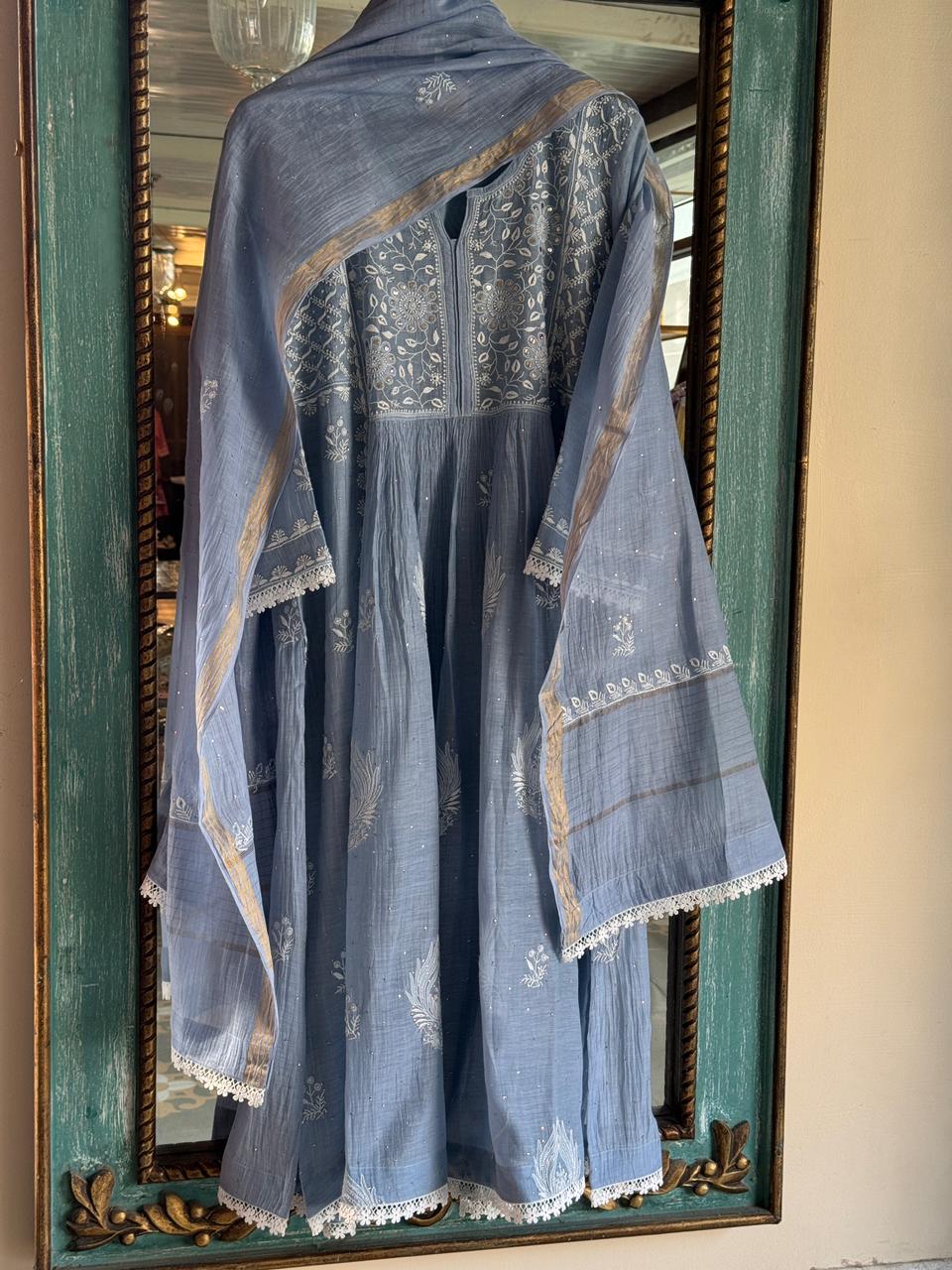 Powder Blue Shade Malmal Mukaish Kamdani Chikankari Kurta Set