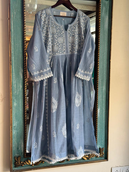 Powder Blue Shade Malmal Mukaish Kamdani Chikankari Kurta Set