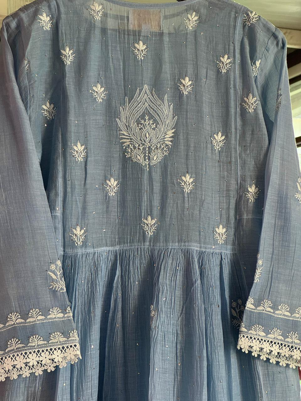 Powder Blue Shade Malmal Mukaish Kamdani Chikankari Kurta Set