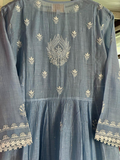 Powder Blue Shade Malmal Mukaish Kamdani Chikankari Kurta Set