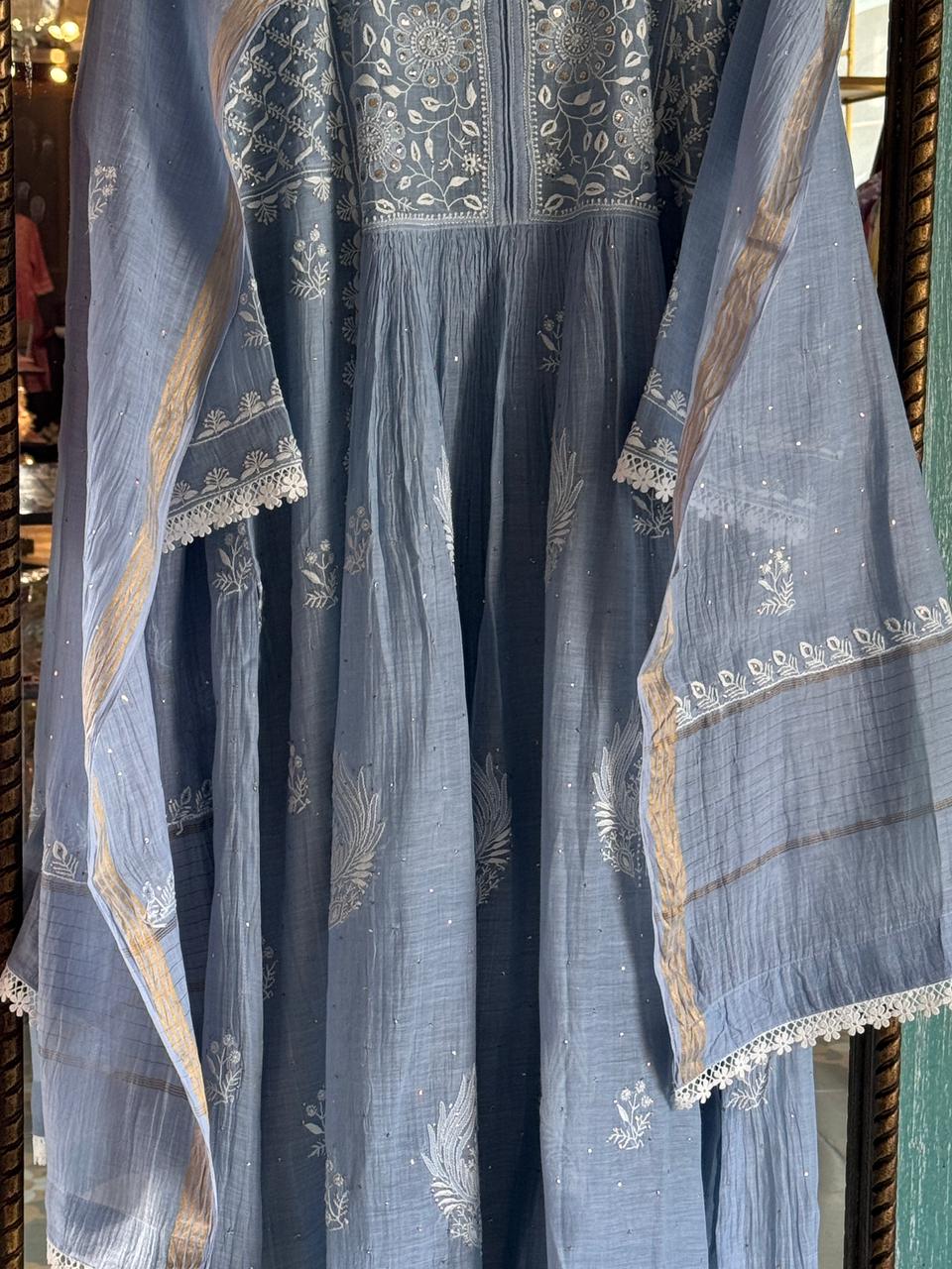 Powder Blue Shade Malmal Mukaish Kamdani Chikankari Kurta Set