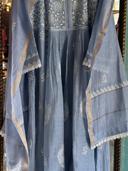 Powder Blue Shade Malmal Mukaish Kamdani Chikankari Kurta Set