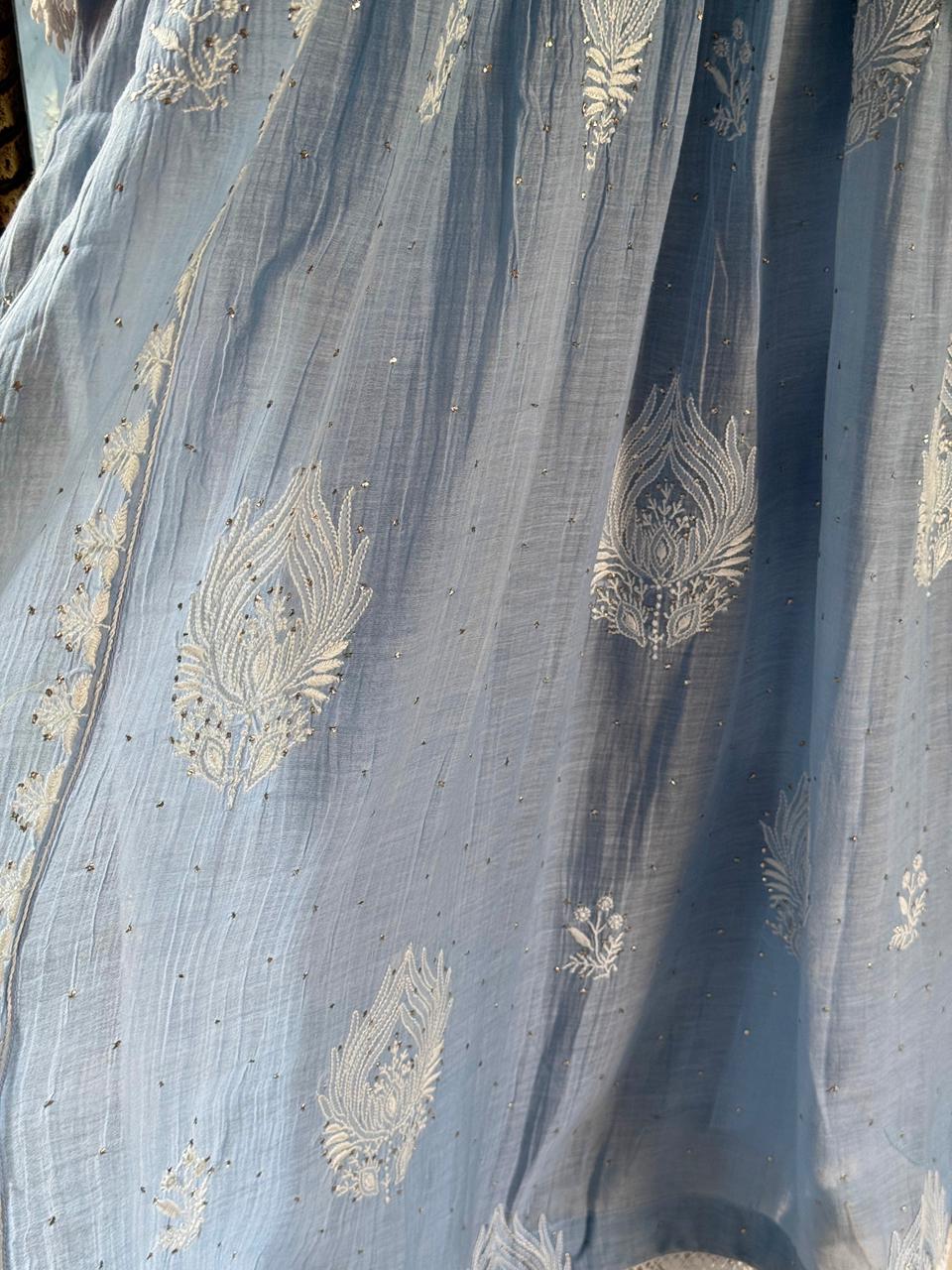 Powder Blue Shade Malmal Mukaish Kamdani Chikankari Kurta Set