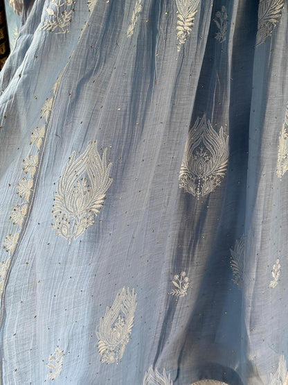 Powder Blue Shade Malmal Mukaish Kamdani Chikankari Kurta Set