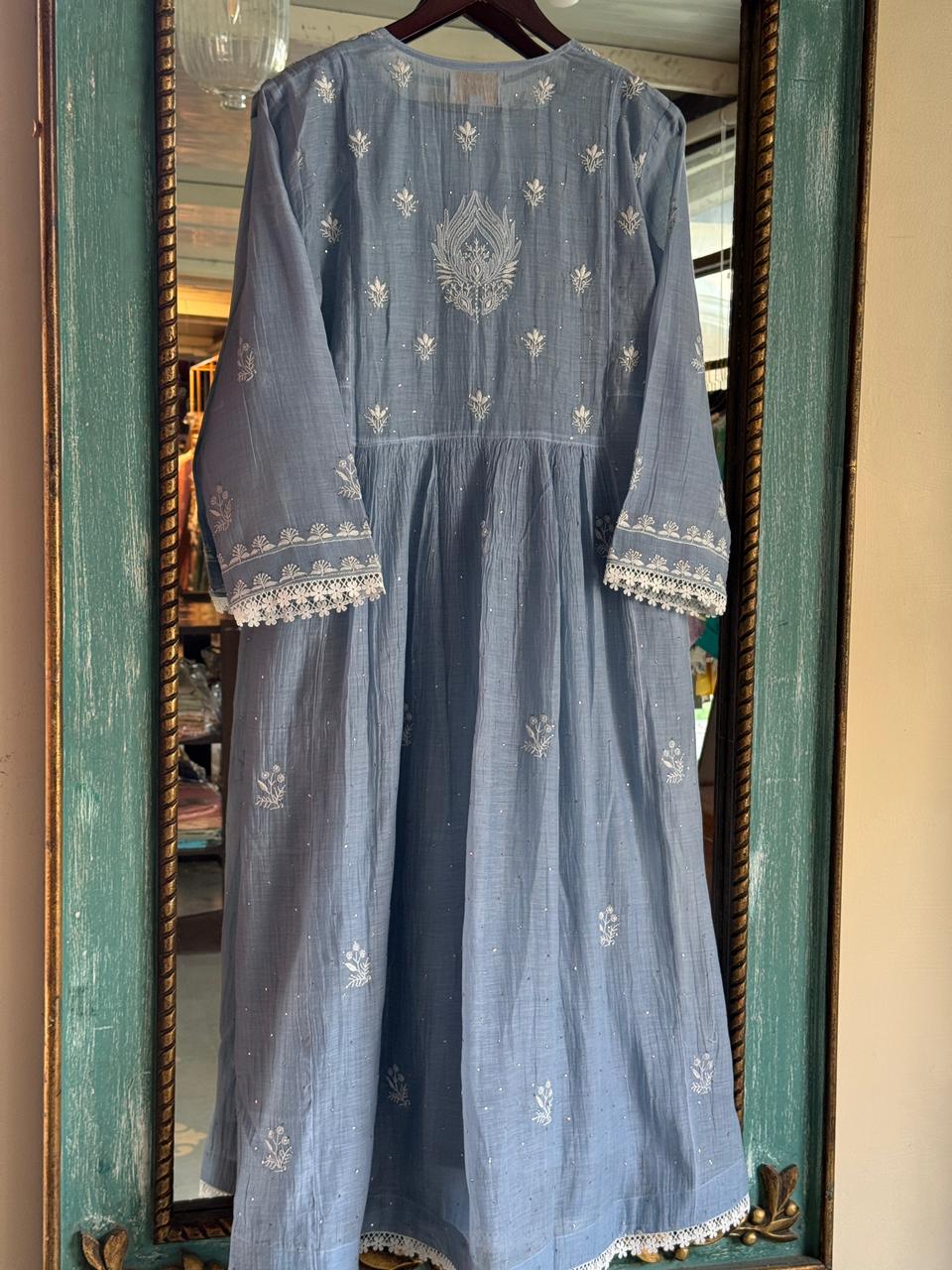 Powder Blue Shade Malmal Mukaish Kamdani Chikankari Kurta Set