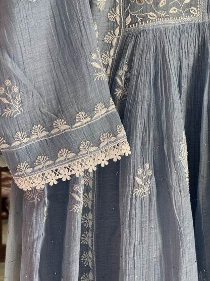Powder Blue Shade Malmal Mukaish Kamdani Chikankari Kurta Set
