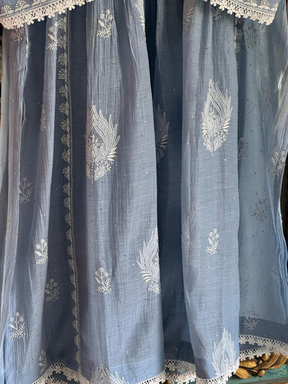 Powder Blue Shade Malmal Mukaish Kamdani Chikankari Kurta Set