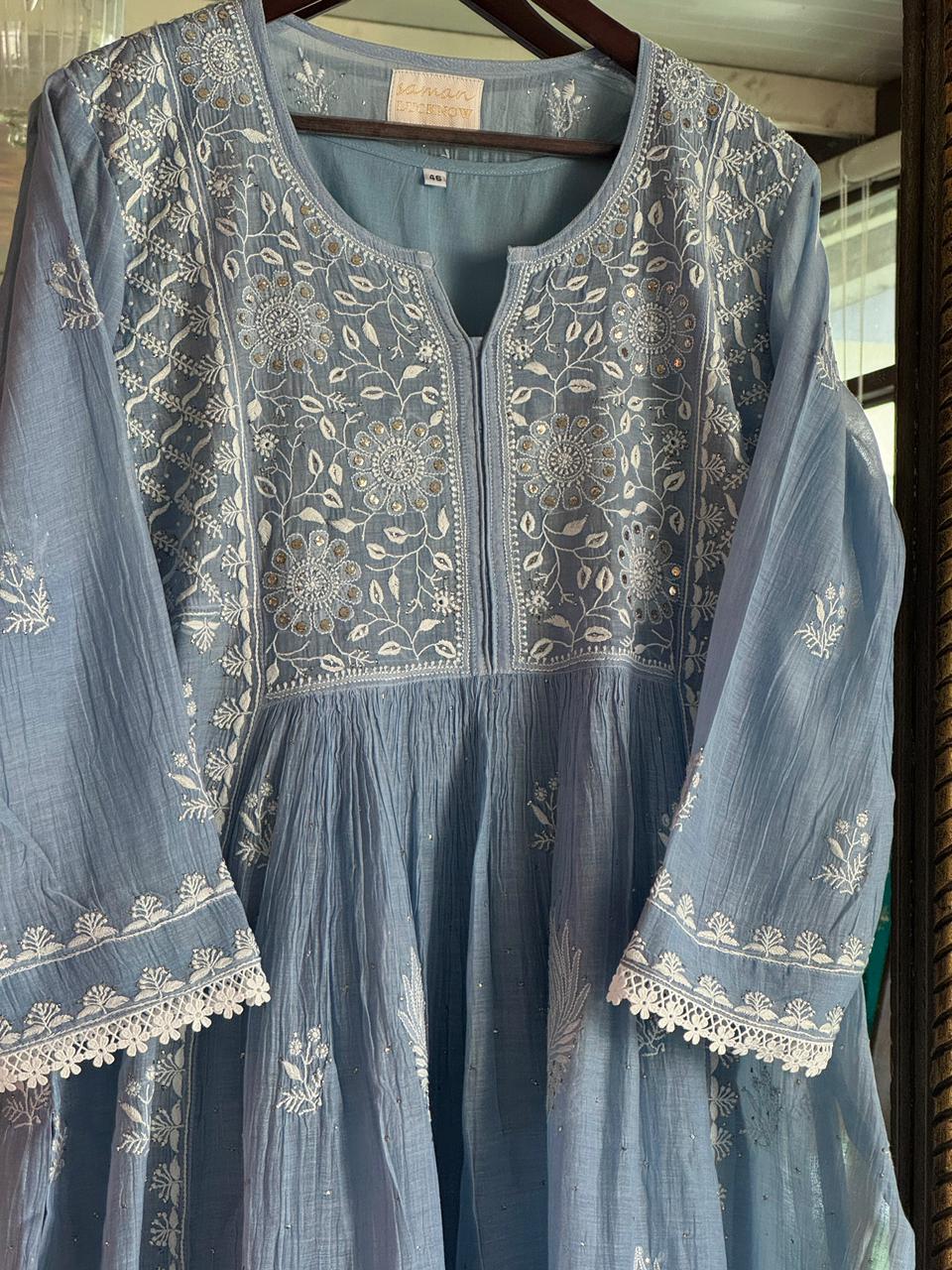 Powder Blue Shade Malmal Mukaish Kamdani Chikankari Kurta Set