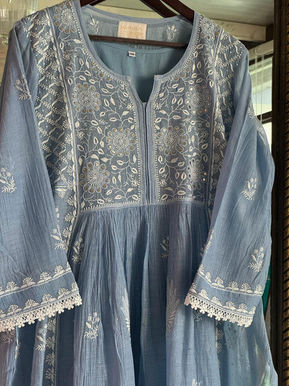 Powder Blue Shade Malmal Mukaish Kamdani Chikankari Kurta Set