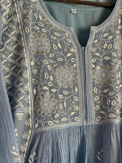 Powder Blue Shade Malmal Mukaish Kamdani Chikankari Kurta Set