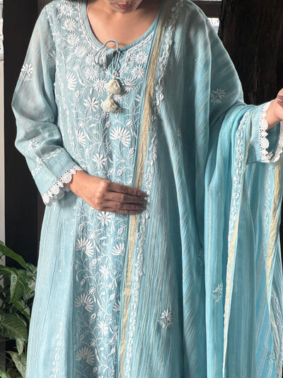 Ice Blue Shade Mulmul Pearl Work Chikankari Anarkali