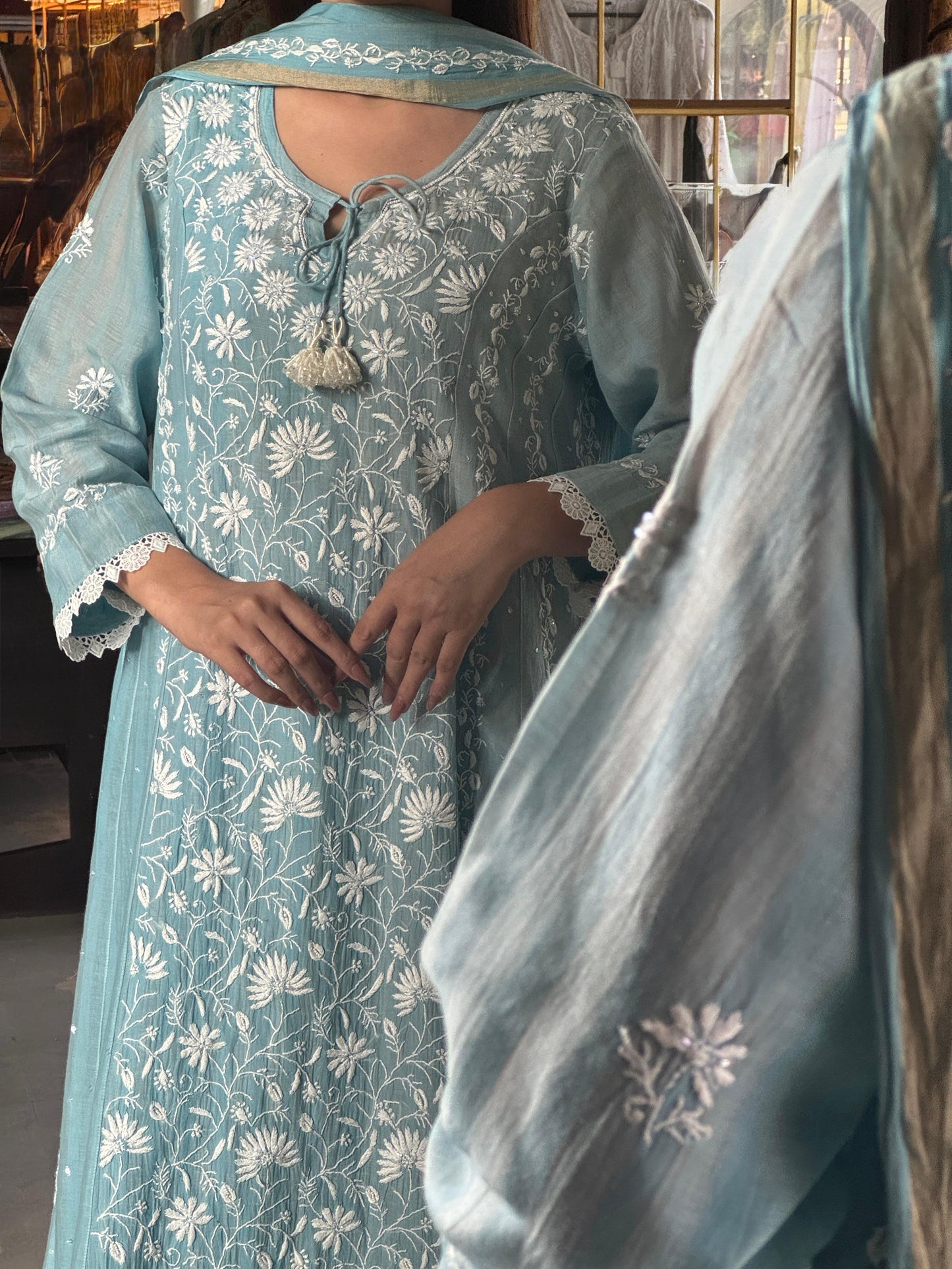 Ice Blue Shade Mulmul Pearl Work Chikankari Anarkali