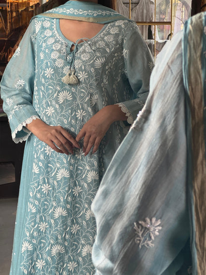 Ice Blue Shade Mulmul Pearl Work Chikankari Anarkali