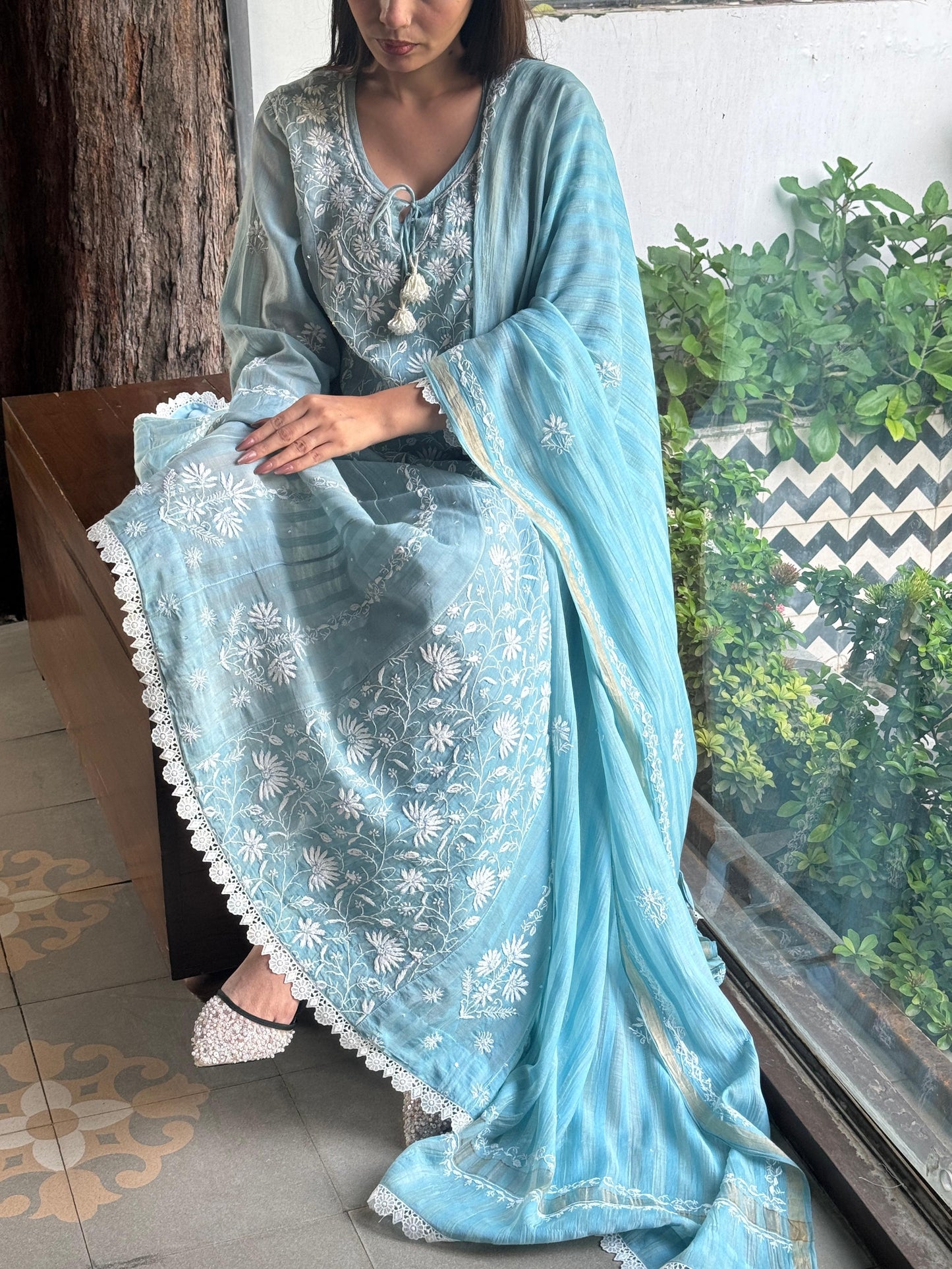 Ice Blue Shade Mulmul Pearl Work Chikankari Anarkali